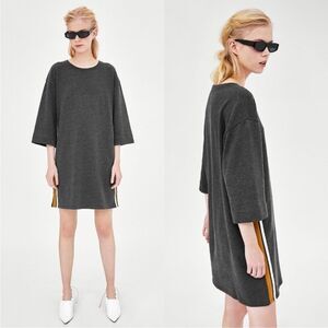 ZARA | Gray Sweatshirt Shift Dress Yellow White Side Stripe Women’s Size Medium